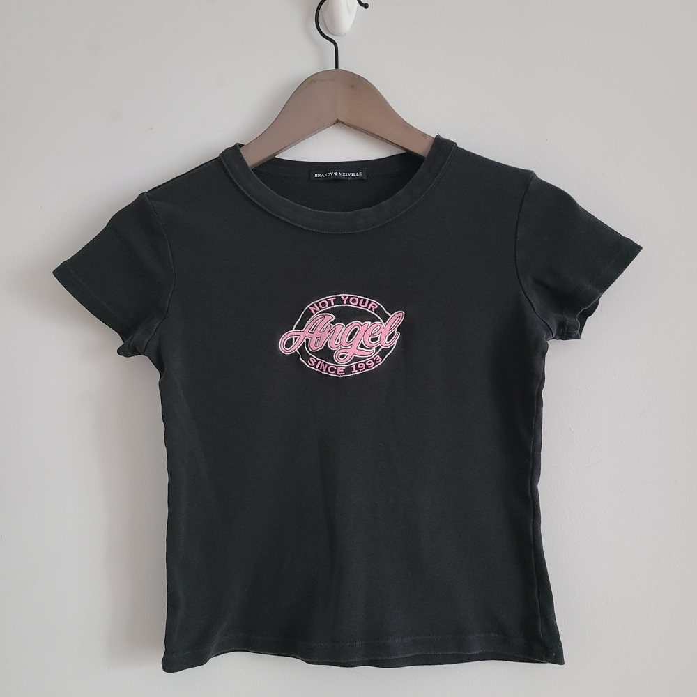 Brandy Melville Black Crop Top with Pink Graphic 100% Cotton Size XS